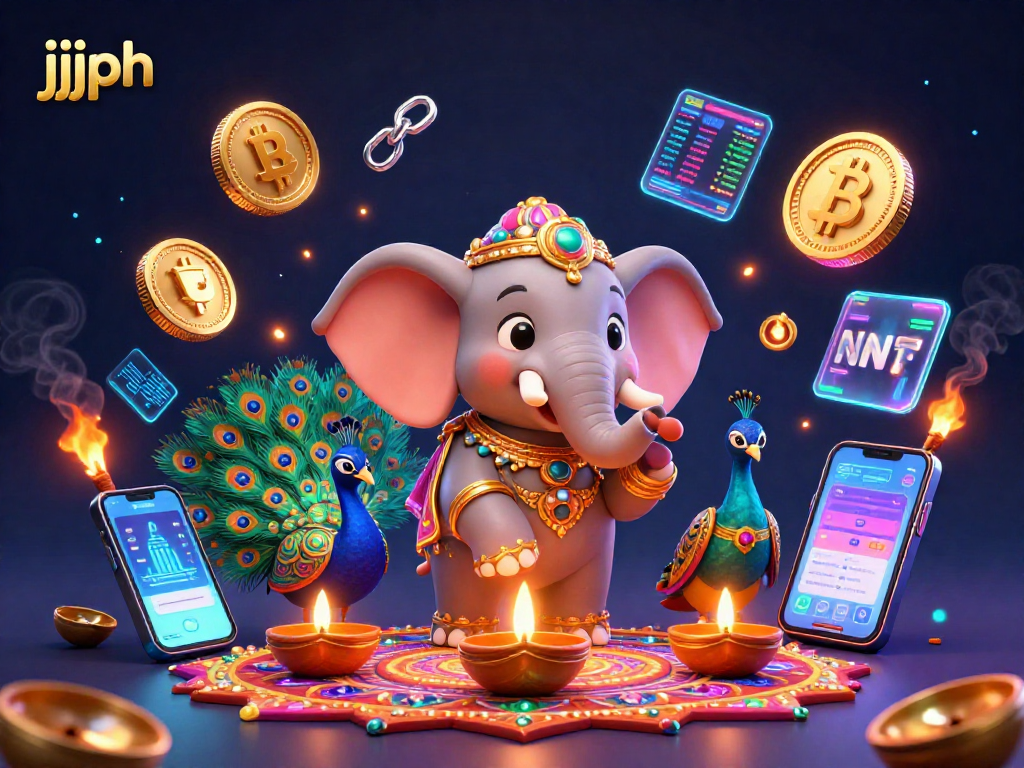 Magandang paglalaro ng jjjph habang nakikita ang mga diyas at cryptocurrency sa isang masiglang eksena.
