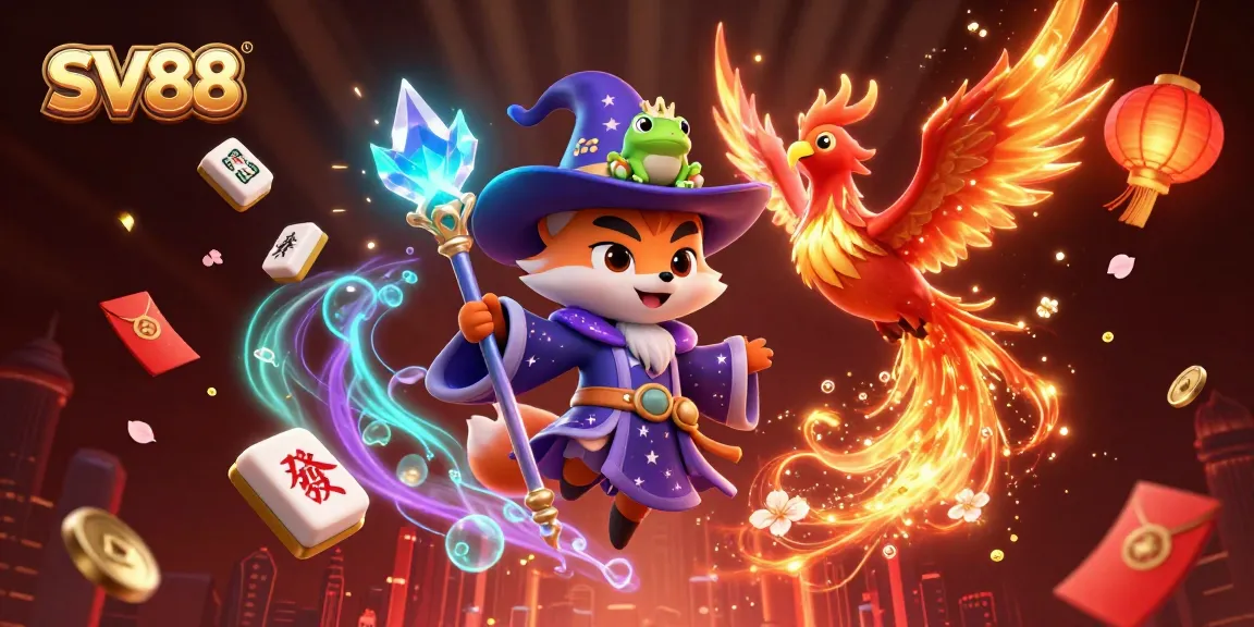 Join the excitement at SV88 with a magical 3D scene featuring a wizard, phoenix, and rich casino elements.