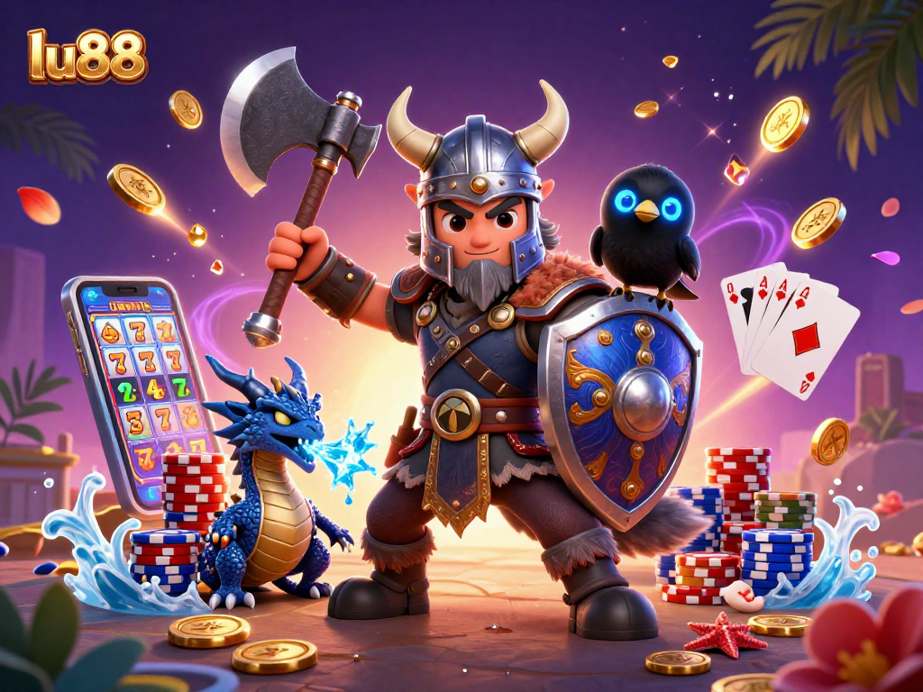 lu88 showcases a Viking wolf warrior and dragon amid cascading chips and spinning reels in a casino scene