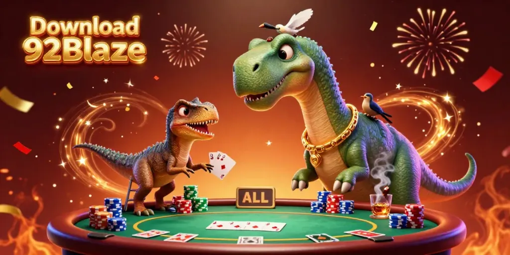 Download 92Blaze and engage with a vibrant 3D casino scene showcasing a brontosaurus and clever dealer in action.