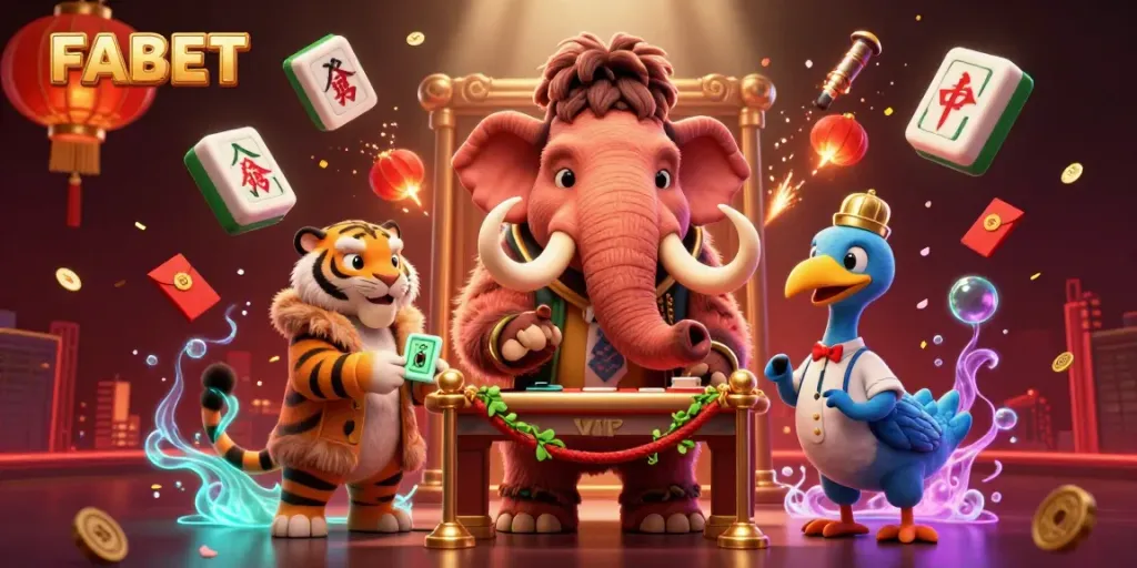 Experience gaming excitement at FABET with vibrant casino characters, colorful elements, and dynamic scene.