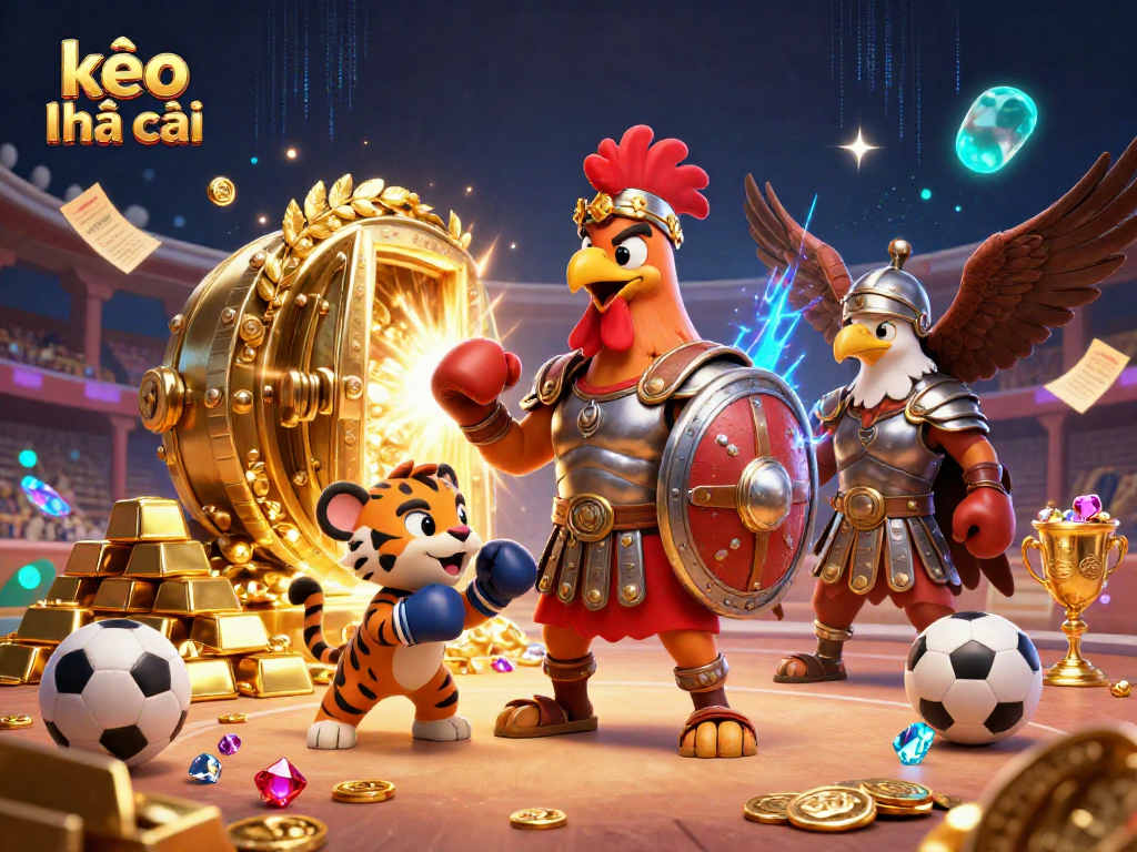 kèo nhà cái scene featuring a rooster and cub in a vibrant sports betting arena