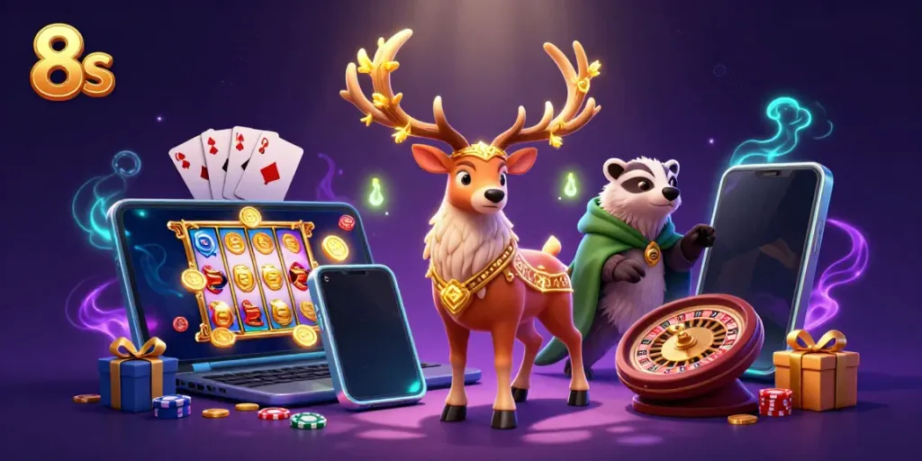 Experience thrilling gameplay in 8s casino with a magical atmosphere filled with vivid characters and gaming elements.