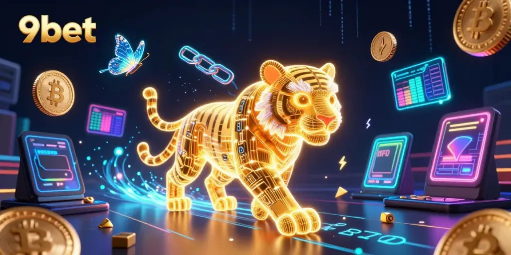 Engage with 9bet's electrifying casino experience featuring a neon tiger in a digital landscape.