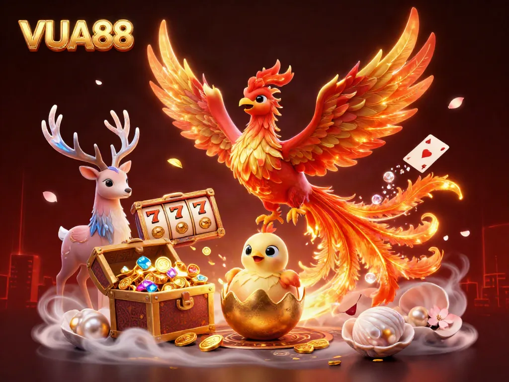 Experience the exhilarating energy of VUA88 with a phoenix and gambling symbols bursting forth in a vibrant 3D illustration.