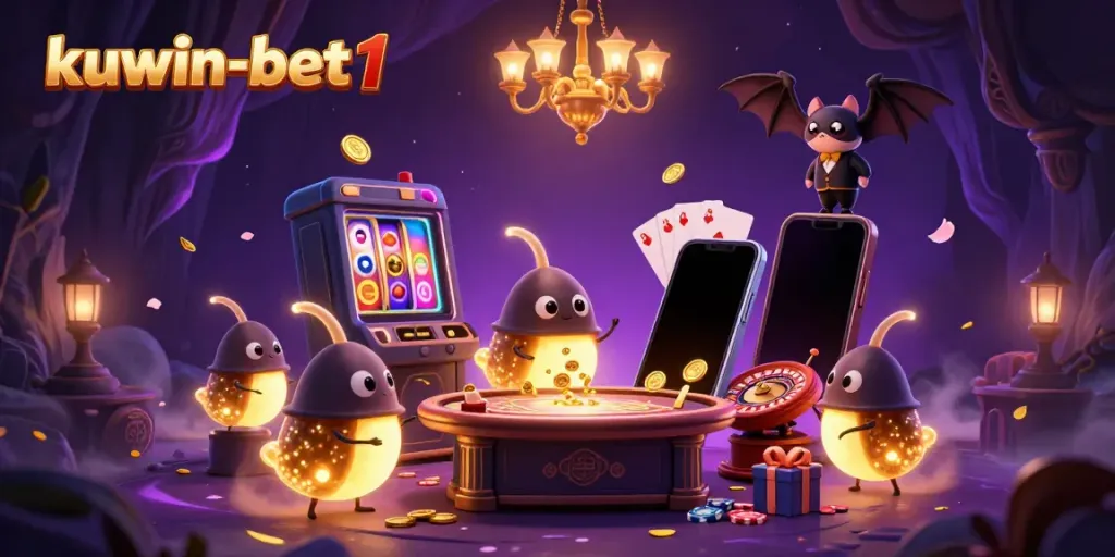 Experience exciting gameplay at kuwin-bet1 with glowing creatures illuminating a vibrant casino scene.