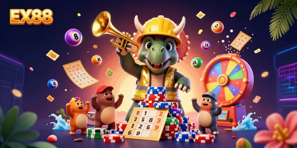 Engage with EX88 at a fantasy casino scene filled with vibrant lottery elements and colorful characters celebrating.