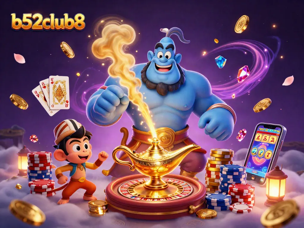 Engage in vibrant gaming with b52club8 featuring a genie, magical elements, and casino icons.