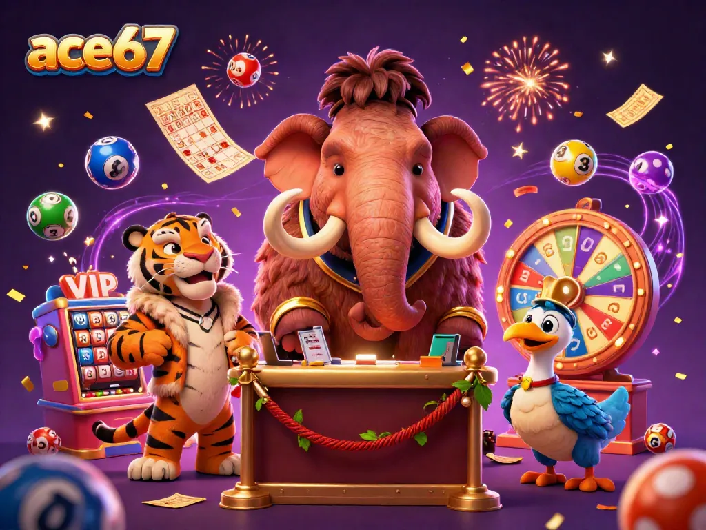 Experience ace67 fun with a vibrant 3D cartoon casino scene featuring lively characters, lottery elements, and exciting gameplay.