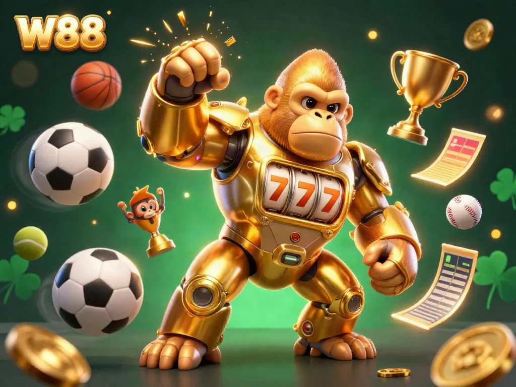 Experience thrilling action with W88 as a golden gorilla mech powered by slot machine parts bursts into the spotlight, surrounded by dynamic sports balls and golden coins.