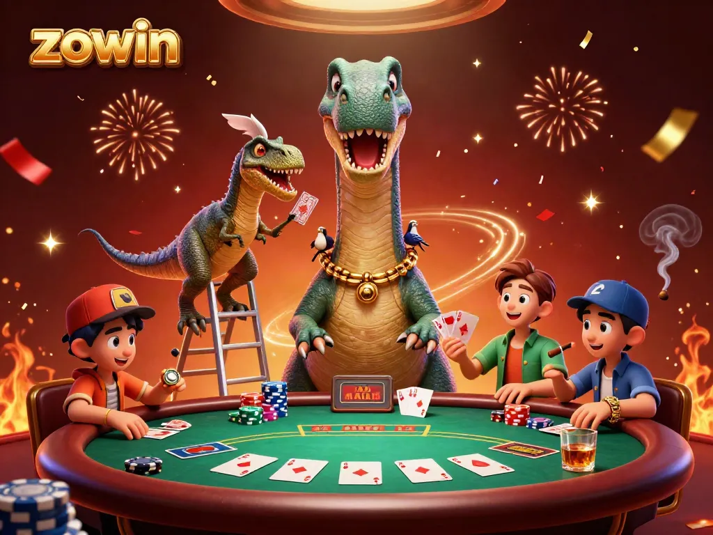 Join the fun at zowin with a towering brontosaurus at a vibrant poker table surrounded by celebration and energy.