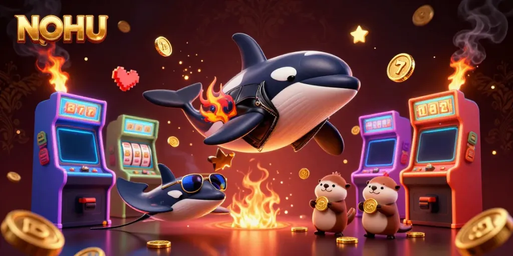 NOHU showcases a vibrant casino scene with an orca, stingray, and otters surrounded by colorful slot machines and coins.