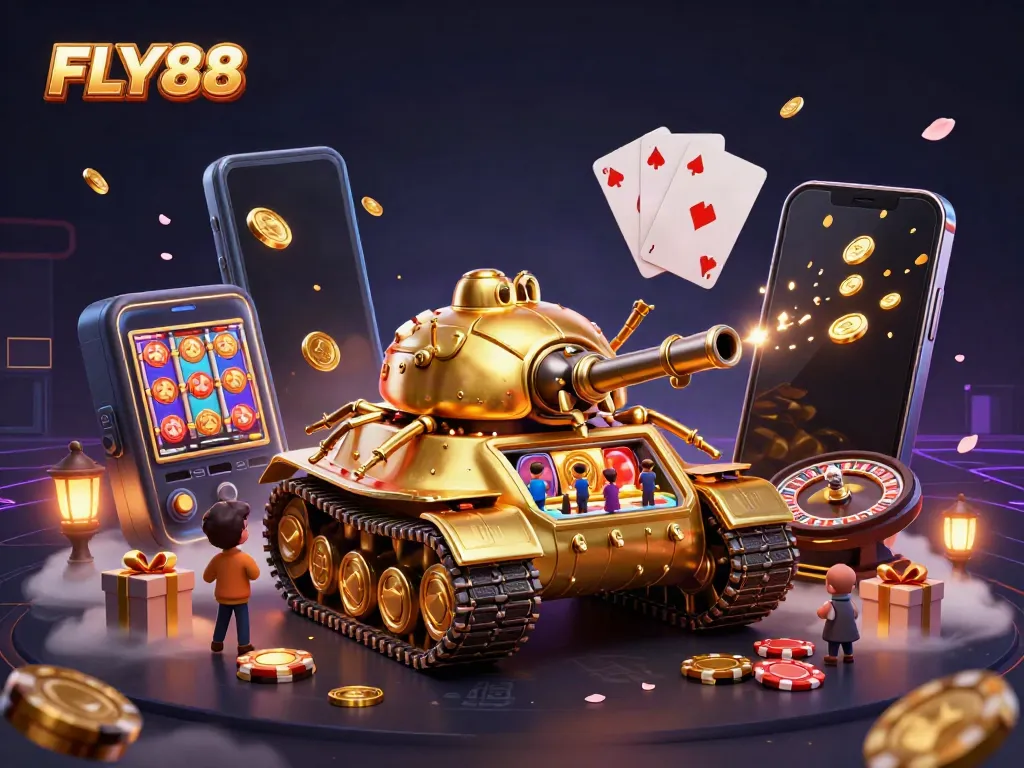 Play engaging casino games in the exciting FLY88 universe with gold details and vibrant action.