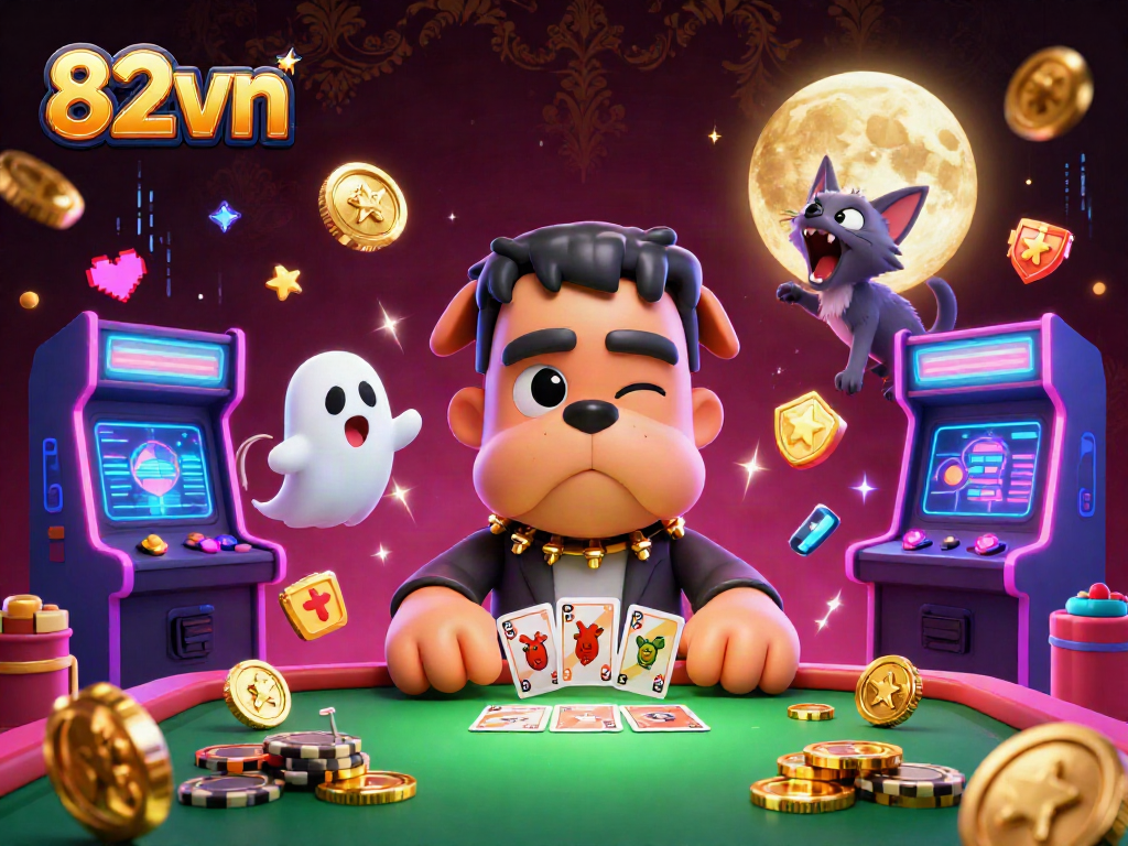 Engage with 82vn's thrilling casino scene of a Frankenstein bulldog dealing cards amid vibrant game elements.