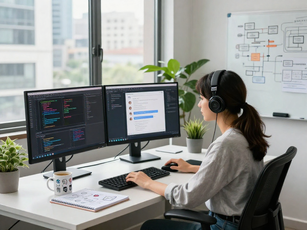 Creative workspace with developer coding juicy ai chat application, modern tech atmosphere, vibrant coding screens.