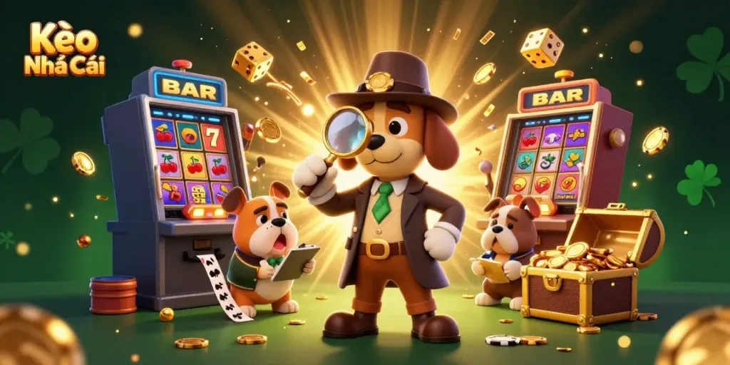 Kèo Nhà Cái reveals exciting tips while detectives explore treasures in a packed casino scene.