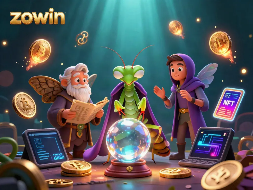 Experience thrilling wins at Zowin with our 3D illustration showcasing fortune tellers and crypto elements in a vibrant casino.