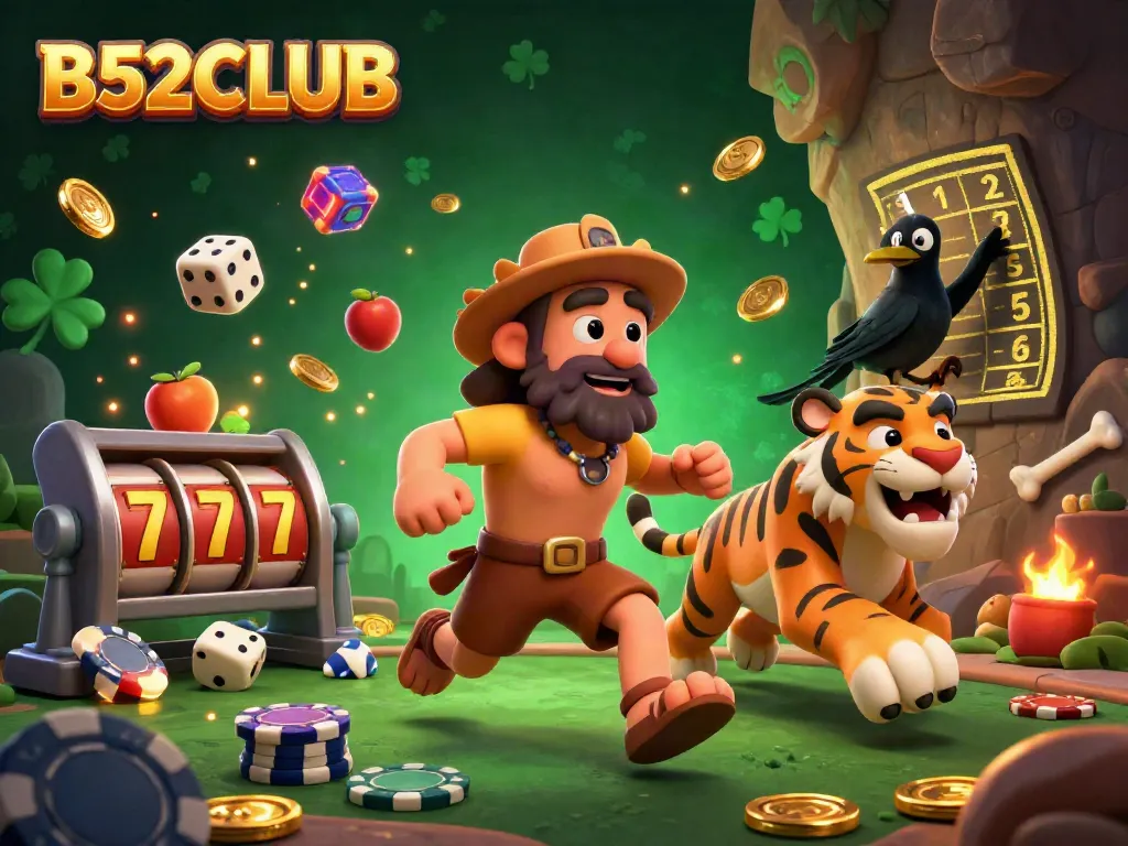 B52CLUB brings thrilling prehistoric gaming with a caveman and tiger duo at the casino.