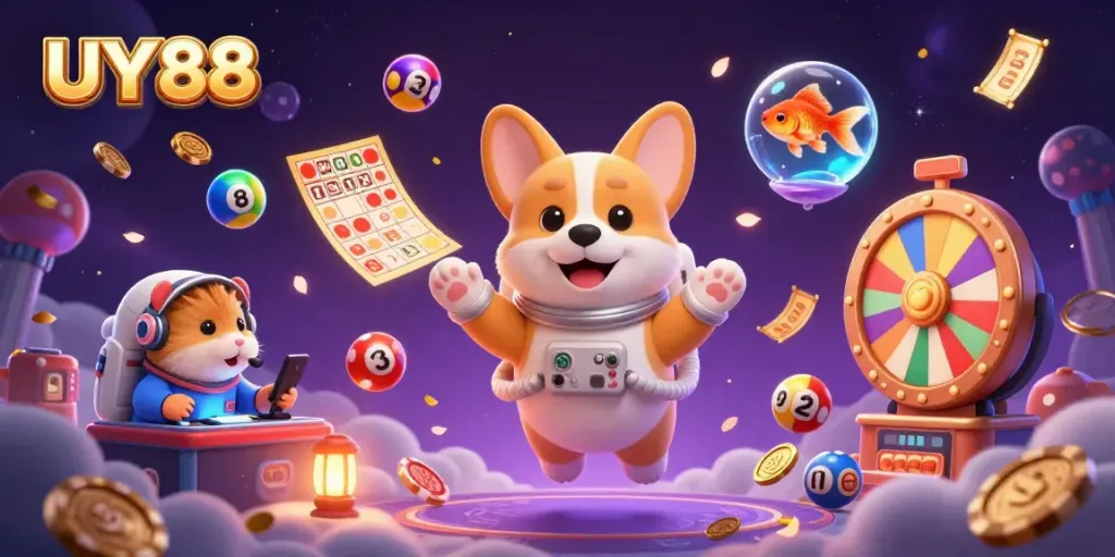 Engaging UY 88 casino scene with astronaut corgi, vibrant elements, and immersive atmosphere